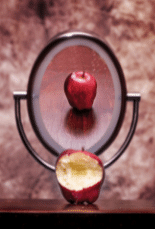 Appel met een hap eruit staat voor een spiegel , het spiegelbeeld van de appel is helemaal intact, dit is niet de waarheid.